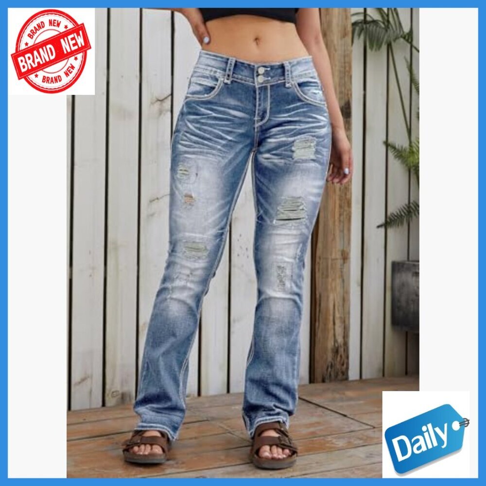 Low Rise Bootcut Jeans Distressed Ripped Denim Pants Regular Fit - Picture 5 of 5